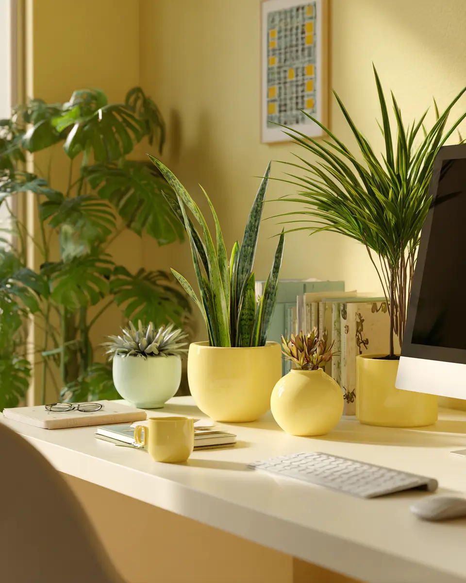 Soft Yellow Minimalist Home Office Decor Ideas - Featured