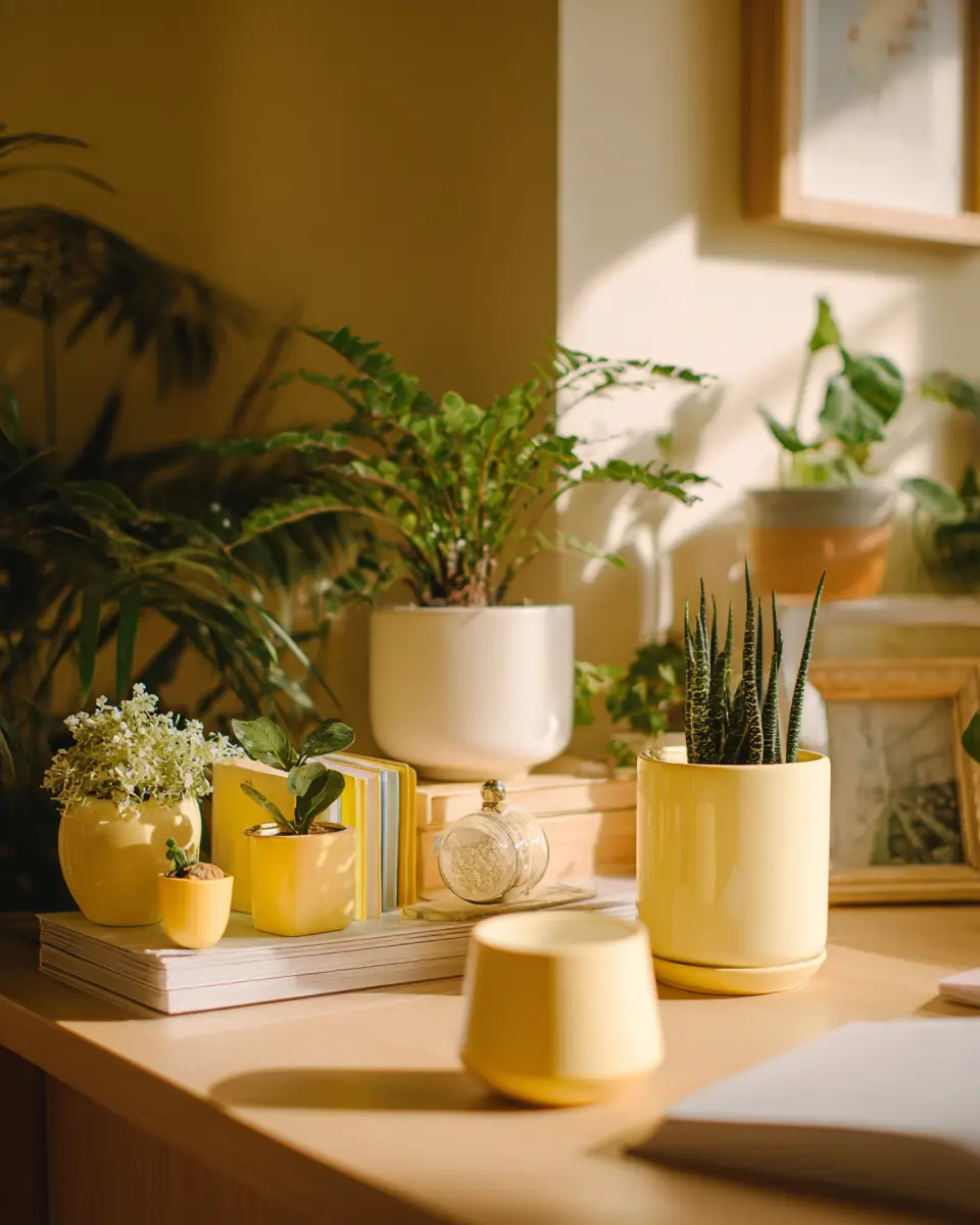 Soft Yellow Minimalist Home Office Decor Ideas