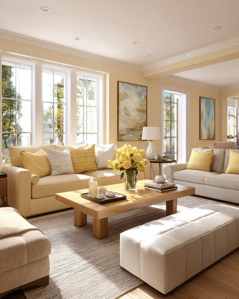 Soft Yellow Transitional Living Room Decor Ideas