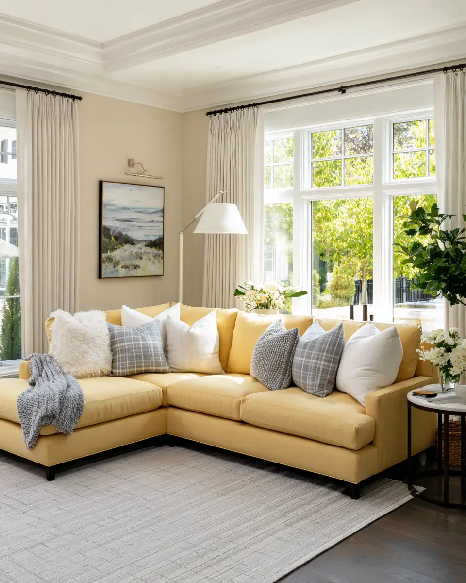 Soft Yellow Transitional Living Room Decor Ideas