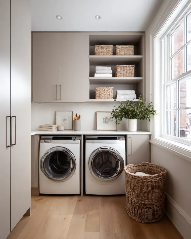 Taupe Japandi Laundry Room Decor Ideas - Featured