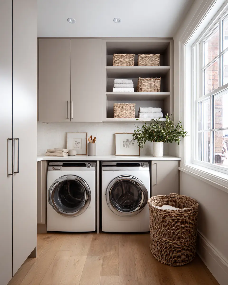Taupe Japandi Laundry Room Decor Ideas - Featured