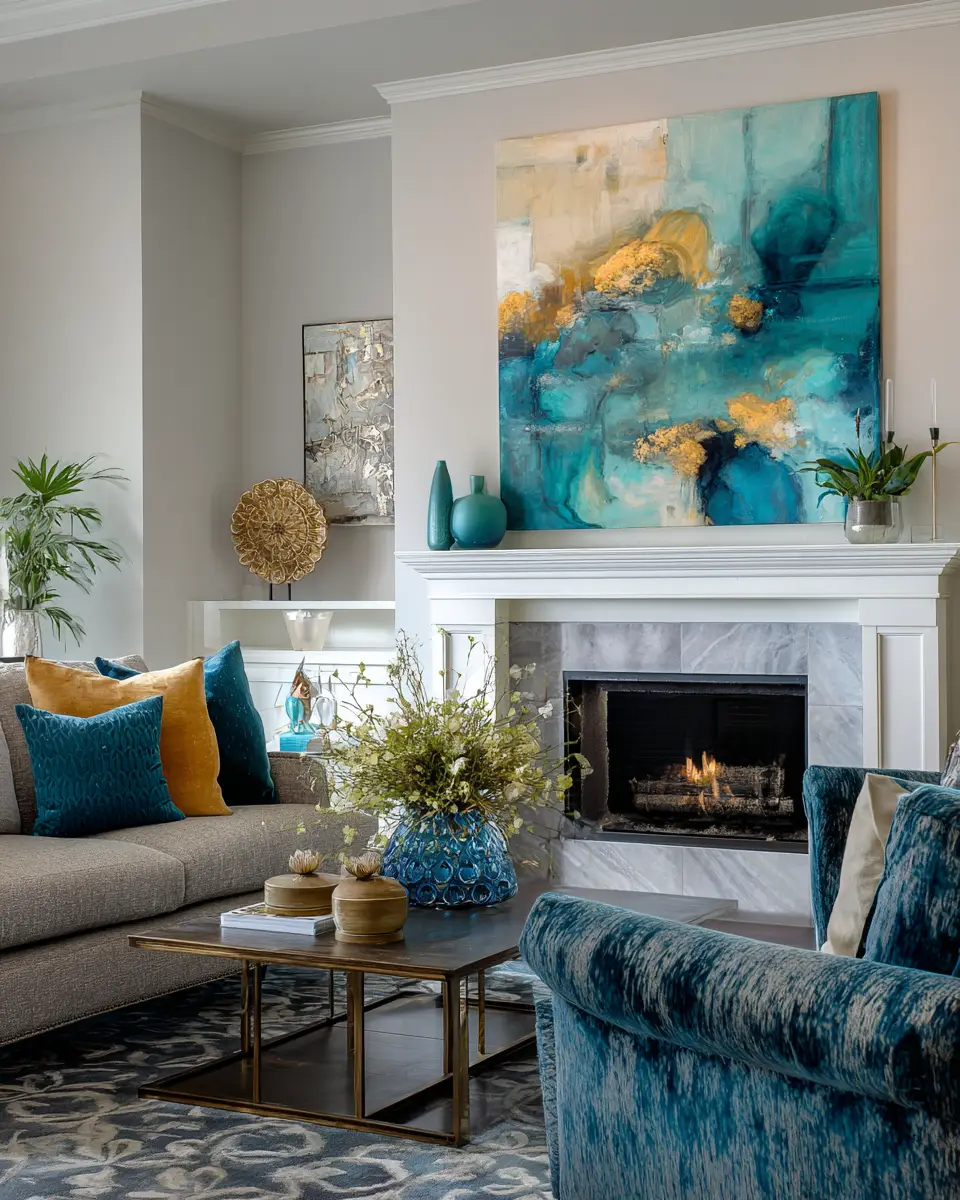 Teal Transitional Living Room Decor Ideas