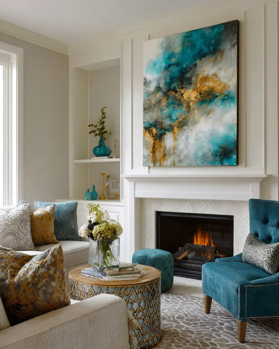 Teal Transitional Living Room Decor Ideas