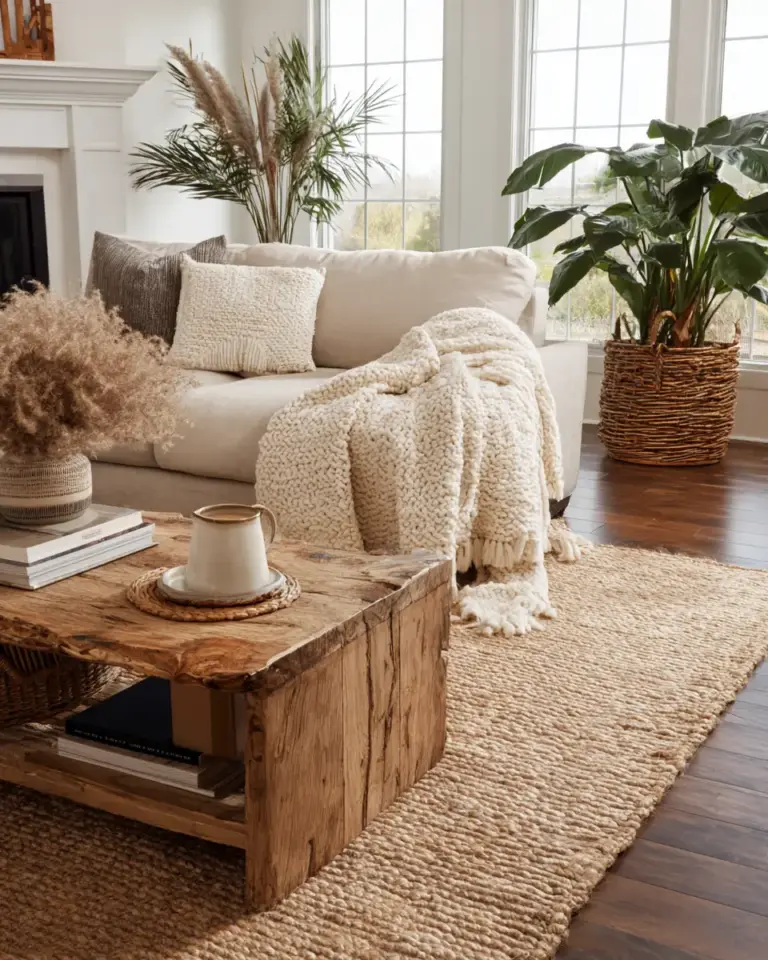 Warm Wood Boho Living Room Decor Ideas - Featured