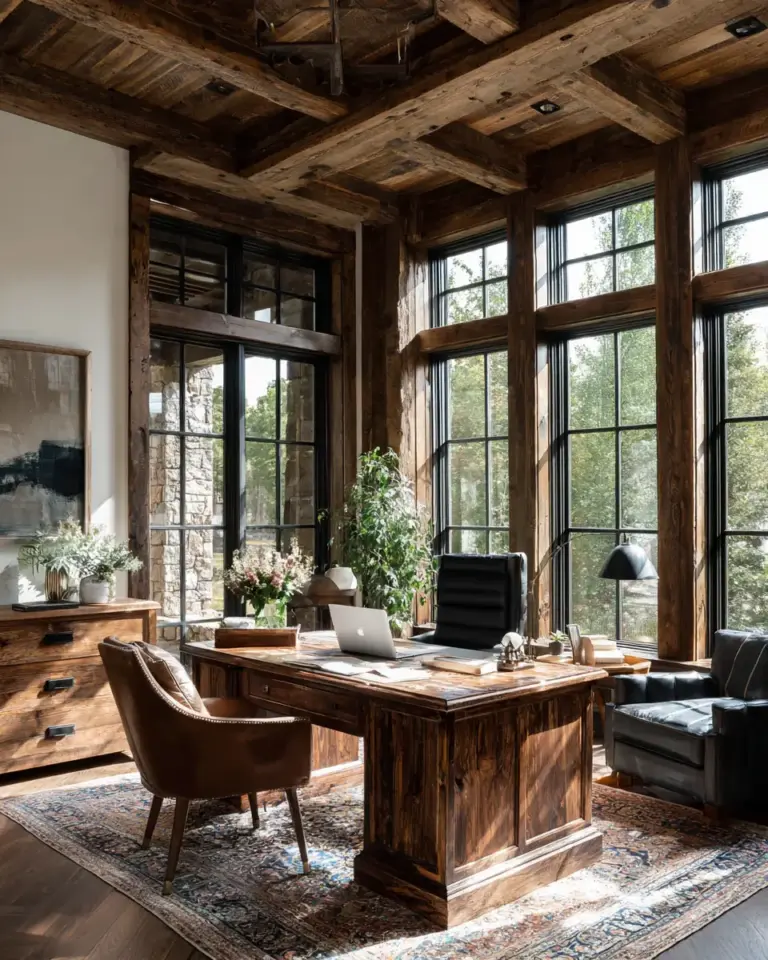 Warm Wood Farmhouse Home Office Decor Ideas - Featured