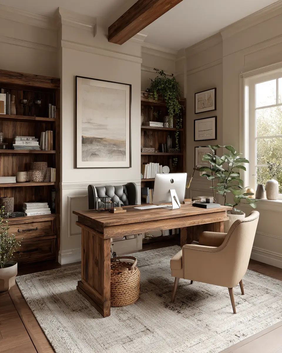 Warm Wood Farmhouse Home Office Decor Ideas