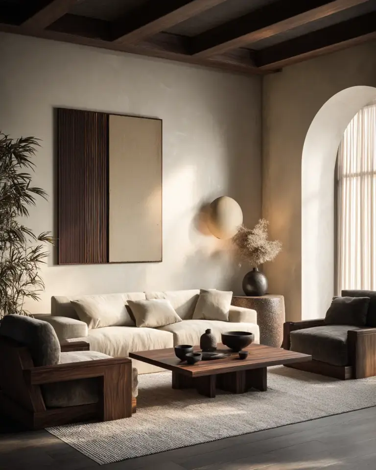 Warm Wood Japandi Living Room Decor Ideas - Featured