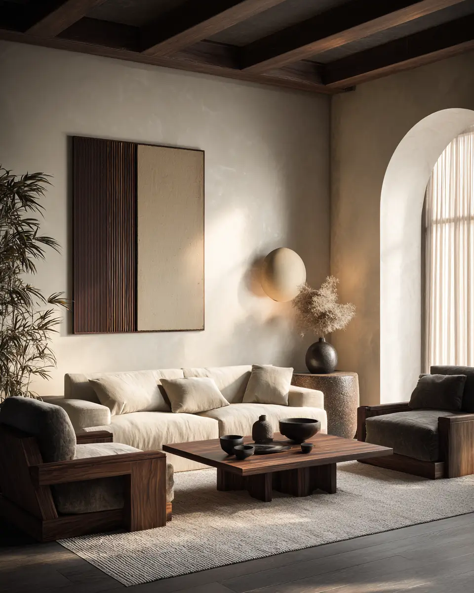 Warm Wood Japandi Living Room Decor Ideas - Featured