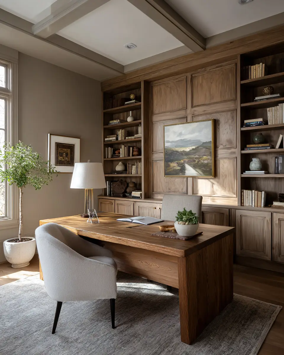 Warm Wood Transitional Home Office Decor Ideas - Featured