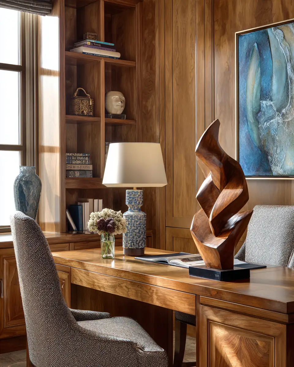 Warm Wood Transitional Home Office Decor Ideas
