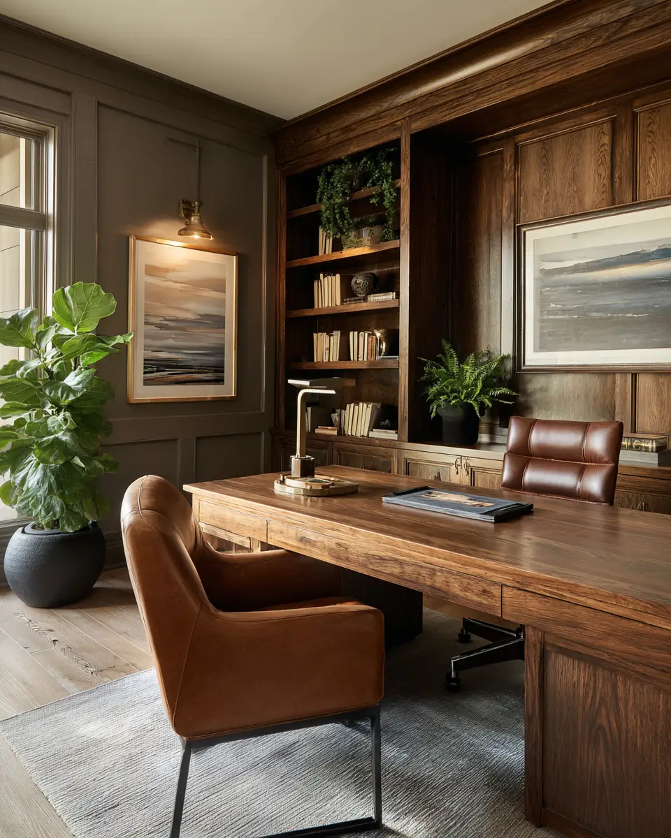 Warm Wood Transitional Home Office Decor Ideas