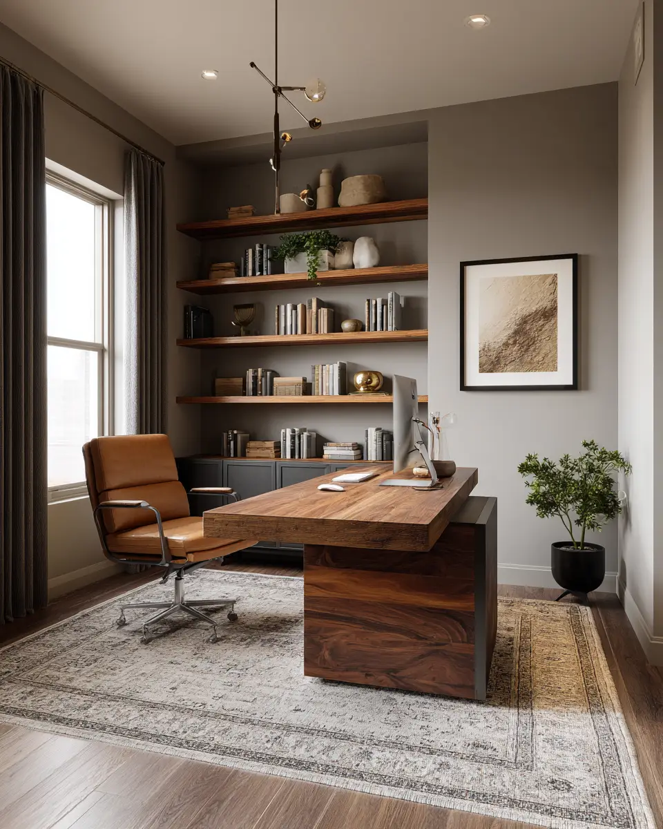 Warm Wood Transitional Home Office Decor Ideas