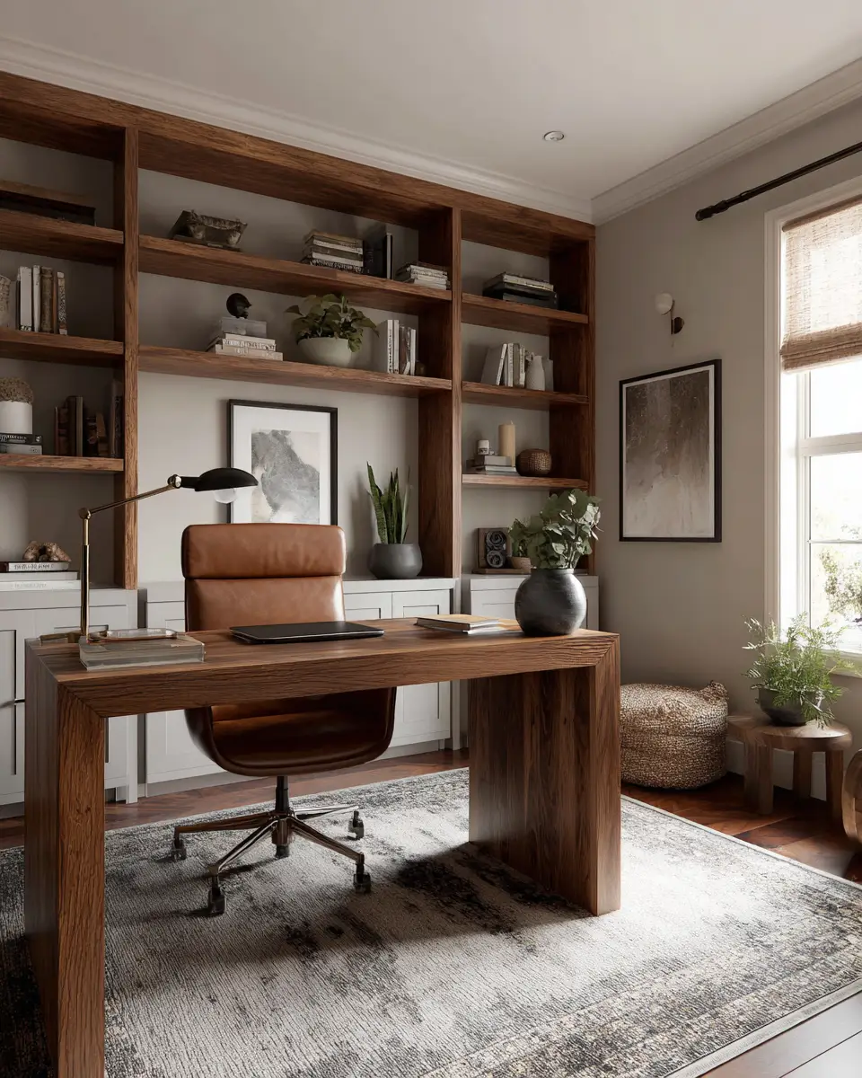 Warm Wood Transitional Home Office Decor Ideas