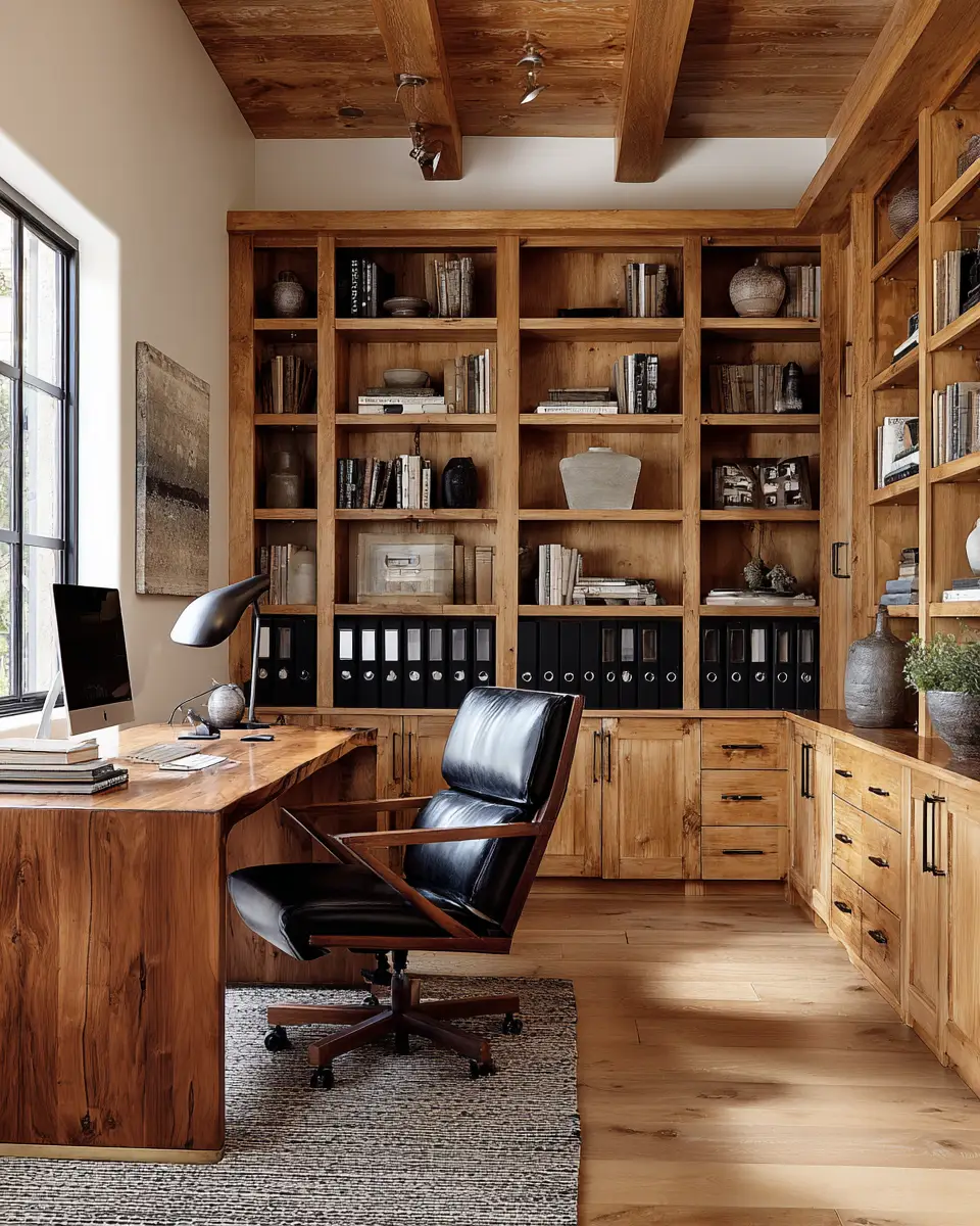 Warm Wood Transitional Home Office Decor Ideas