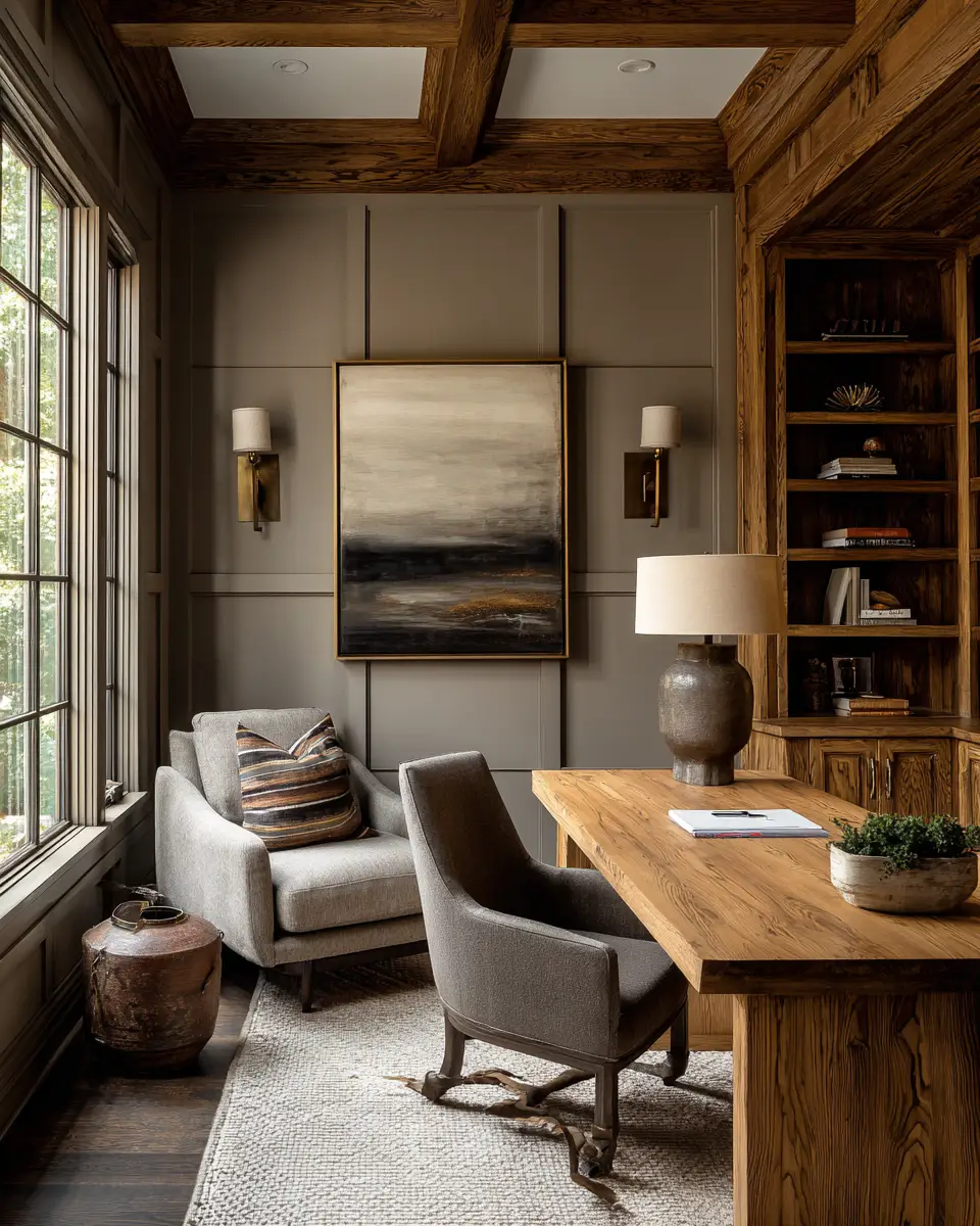 Warm Wood Transitional Home Office Decor Ideas