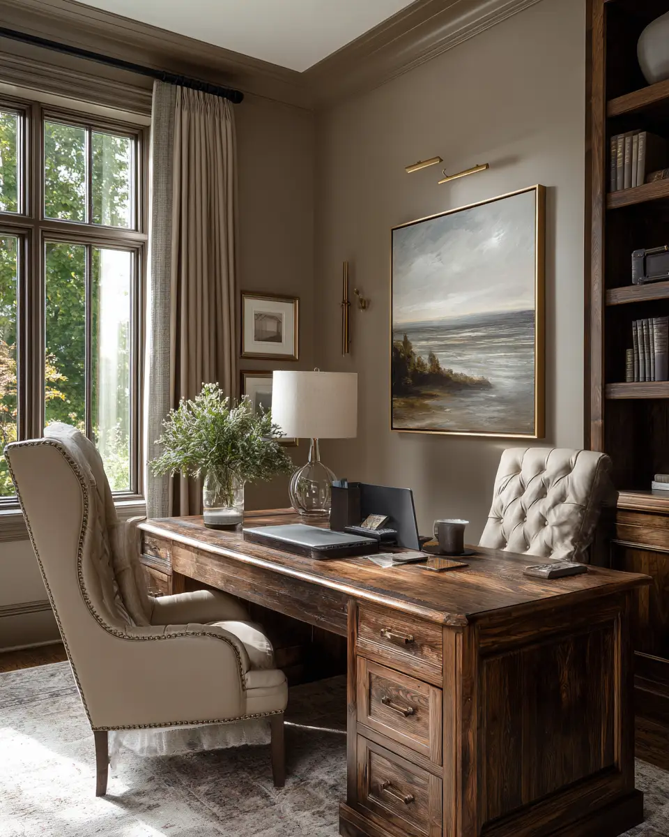 Warm Wood Transitional Home Office Decor Ideas